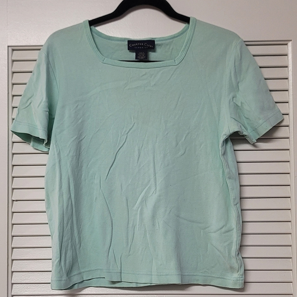 Charter Club - 100% Cotton Seafoam Green Square Neckline Short-Sleeve Top